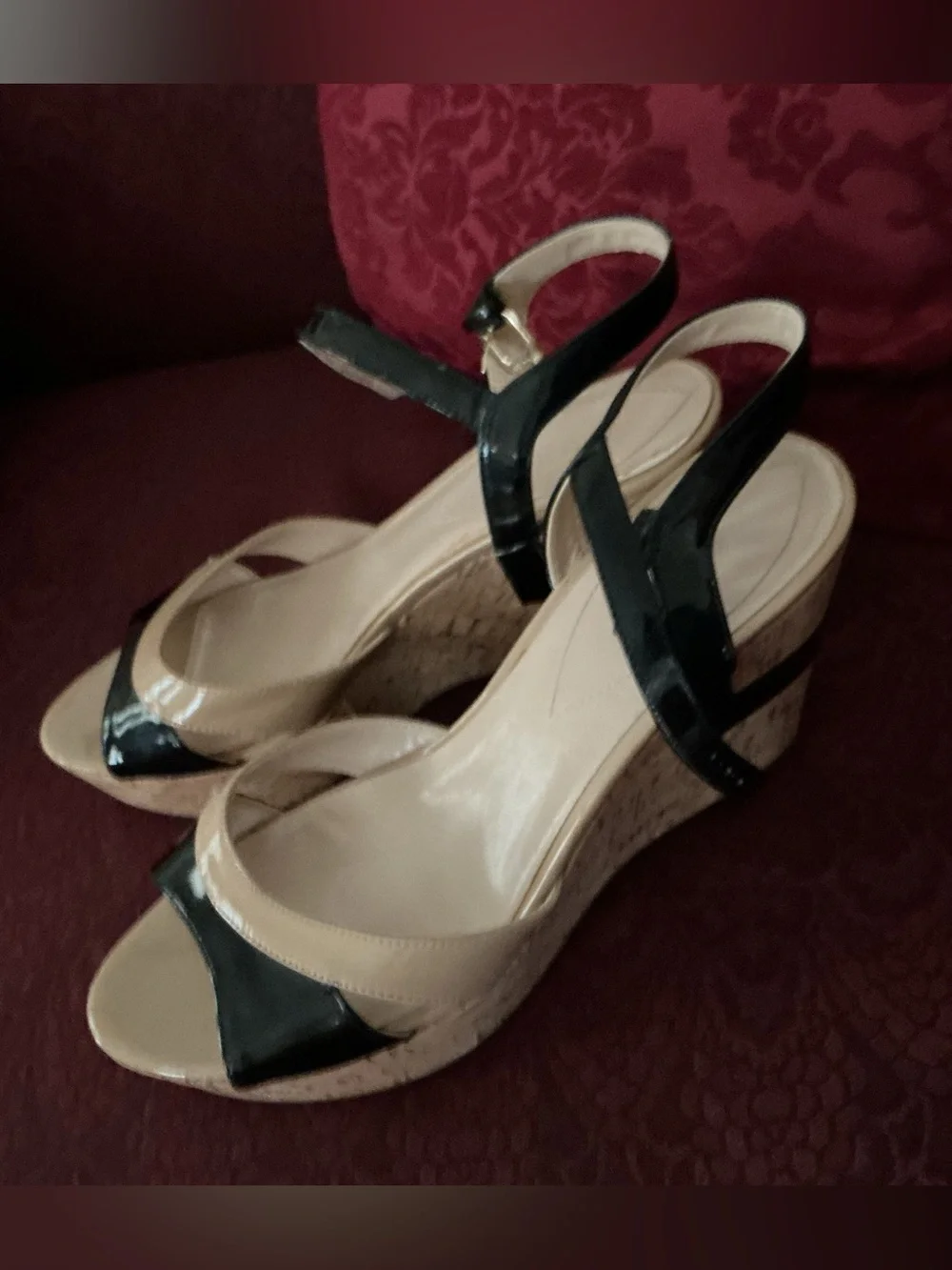 Guess Black Patent and Beige Cork Wedge Sandals
